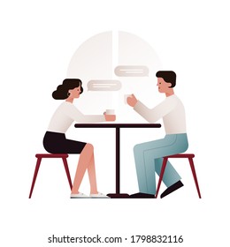 Two Young People Sitting Next to Each Other in Cafe Drinking and Talking on Isolated Background. Fashion Concept. Website Template. Landing Page.