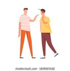 Two Young People Speaking Together. Teenage Or Adult Male Characters Talking. Scene Of Dialog Between Cartoon Faceless Men. Flat Vector Illustration Isolated On White Background