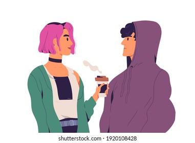 Two young people standing in silence and looking at each other eye to eye. Trendy teenagers couple look at each other. Colorful flat vector illustration isolated on white background