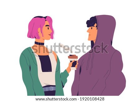 Two young people standing in silence and looking at each other eye to eye. Trendy teenagers couple look at each other. Colorful flat vector illustration isolated on white background