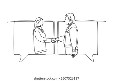 Two young people standing in speech bubbles and shaking hands. Agreement business concept. Single line draw design. Vector graphic illustration