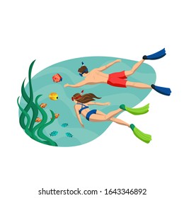 Two young people swim underwater in masks for scuba diving. Around bright exotic fish. Free diving, snorkeling. Concept of vector illustration of family vacation activities in cartoon style.