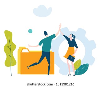 Two young people talking cheering up each other, success and happiness in professional life. Solving problem, achievement and working in progress concept 