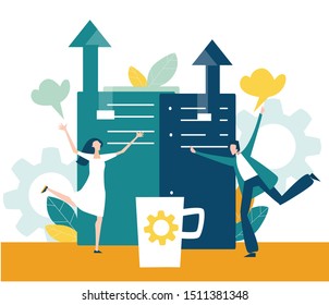 Two young people talking cheering up each other, success and happiness in professional life. Solving problem, achievement and working in progress concept 