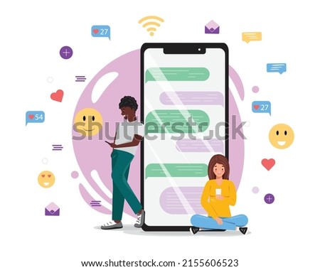 Two young people texting from the phone. Man and woman with cell phones. People next to the big smartphone and using own smartphone with social media elements and emoji icons on the background.