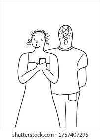 Dos jóvenes. Se apoyan entre sí. La chica sostiene un smartphone. Ilustración vectorial de material. Aislar sobre un fondo blanco.