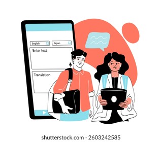 Two young people using a translation app on a smartphone, symbolizing communication across languages. Modern flat style with abstract shapes in the background. Vector illustration
