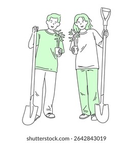 Dois jovens voluntários e plantando árvores juntos no Dia Mundial do Meio Ambiente, ambos segurando mudas de árvores e pás, prontos para plantar