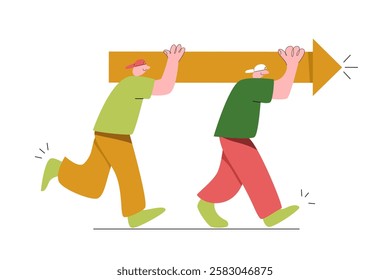 Two young people walk forward and carry large arrow on their shoulders indicating direction of movement. Concept of development, growth, teamwork, path to success. Vector illustration.