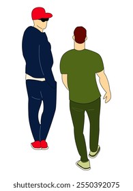 Two Young People Walking and Talking in the City. Friendly Street Talk in flat style illustration.