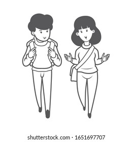 Two Young People Walking Together. Talking While Walking Together. Vector Illustration