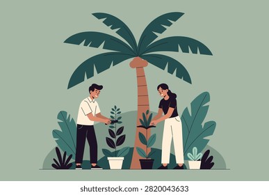 Two young people working together to plant trees and shrubs in a tropical garden under a tall palm tree for environmental conservation.