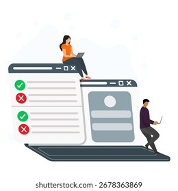 Dois jovens estão usando o laptop para preencher a pesquisa online.	