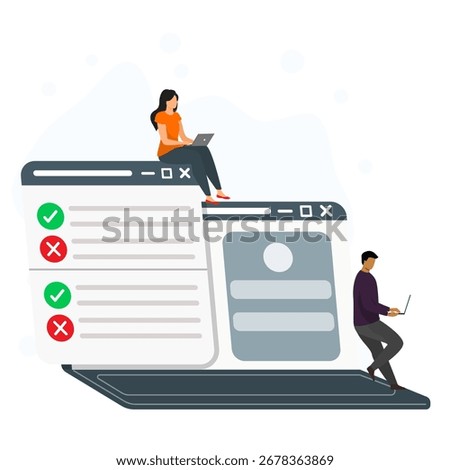 Two young people's using laptop to filling online survey.	
