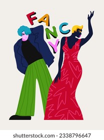 Two young persons in bright outfit. Fancy. Vector isolated illustration with lettering.