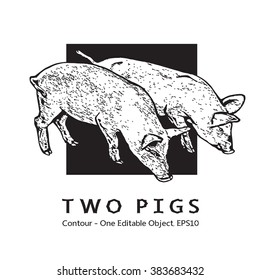 Two Young Pigs. Black And White Vector Image.
