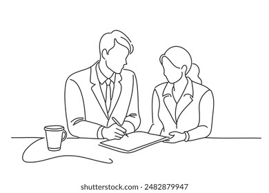 dos jóvenes profesionales discutiendo el proyecto como equipo, línea continua dibuja diseño Ilustración vectorial gráfica