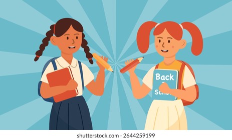 Two young schoolgirls holding books and pencils with bright expressions