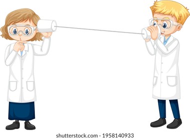 Two young scientist doing string phone experiment illustration