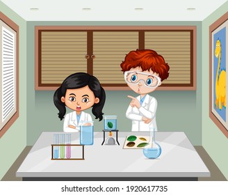 Dos jóvenes científicos en la ilustración del laboratorio