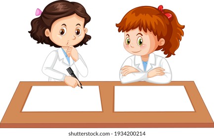 Dos uniformes de jóvenes científicos con papel en blanco en la ilustración de la mesa