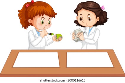 Two young scientist uniform with blank paper on the table illustration