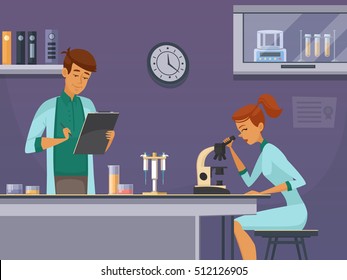 Two young scientists in chemistry lab making microscope slides and taking notes retro cartoon poster vector illustration 