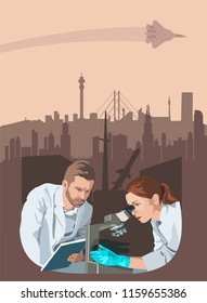 Two young scientists with a microscope in the background of a futuristic landscape. Scientific progress. Vector illustration