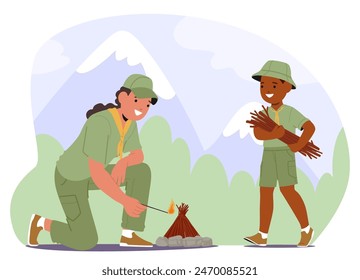 Two Young Scouts, One Kindling A Fire While The Other Gathers Sticks, Set Against A Mountainous Backdrop. Concept Of Teamwork And Adventure, Perfect For Themes Of Youth, Nature, And Outdoor Learning