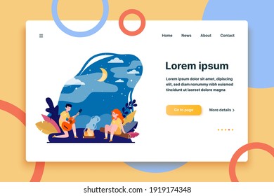 Two young scouts sitting near campfire. Guitar, night, nature flat vector illustration. Summer vacation and active leisure concept for banner, website design or landing web page