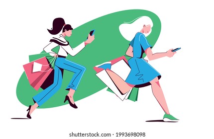 Two young shopping woman running with bags and looks into the phone, concept of sale, bestseller, informing by app. Vector illustration isolated on white background.