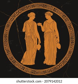 Two young slender ancient Greek women in jugs are standing and talking. Drawing on the bottom of an antique dish