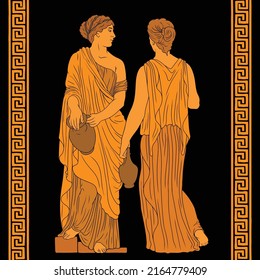 Two young slender ancient Greek women in tunic with a jugs are standing and talking.