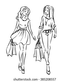 Two young slender women after going shopping. Smiling girls look contented and hold some shopping bags. Black and white vector cartoon drawing by lines. Isolated background.