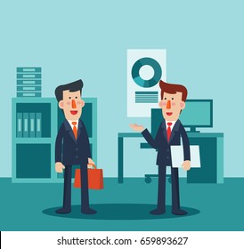 Two young and smiling businessmen talking and discussing in office