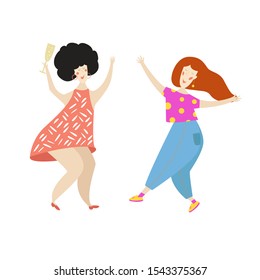Two young smiling dancing girls with a glass of champagne. Isolated on white background. Happy woman dancing in party. Colorful vector illustration in flat cartoon style.