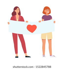 Two young smiling girls holding poster with heart symbol for peace and love parade concept in flat style - vector illustration of demonstration participant isolated on white background.