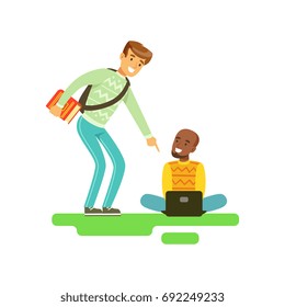 Two young smiling male students speaking, friends communicating vector Illustration