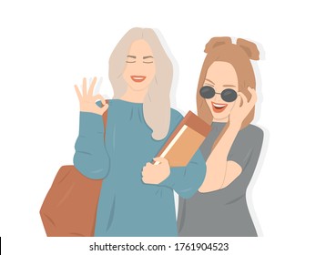Zwei junge lächelnde positive Schüler in Trendfarben mit Büchern und massivem Rucksack und in Sonnenbrillen, flache Illustration