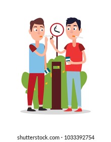 Two young smoking men in bright t-shirts and trousers, color vector illustration with white background two cigarettes packs, brown rubbish, green bush