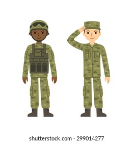 Two young soldiers, caucasian and african american, in two kinds of camouflage combat uniform. Cute flat cartoon style. Isolated on white background.