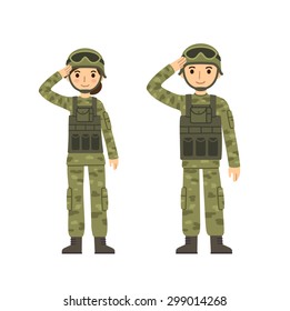 Two young soldiers, man and woman, in camouflage combat uniform saluting. Cute flat cartoon style. Isolated on white background.