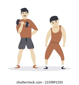 Two young sportsmen on white background. Healthy lifestyle. Workout. Fitness and bodybuilding. Vector illustration in flat style