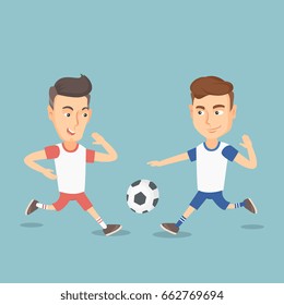 Two young sportsmen playing football. Two caucasian football players fighting over control of a ball during a football match. Sport and leisure concept. Vector flat design illustration. Square layout.