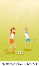 Two young sportswomen playing football. Caucasian football players fighting over control of a ball during a football match. Sport and leisure concept. Vector flat design illustration. Vertical layout.