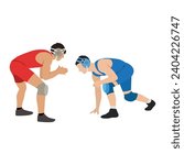 A two young strong athletes is a freestyle wrestlers begin their duel. Flat vector illustration isolated on white background
