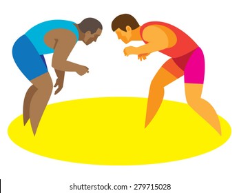 A two young strong athletes is a freestyle wrestlers begin their duel