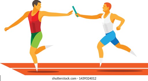 two young strong student athletes run relay race in athletics competitions at the stadium
