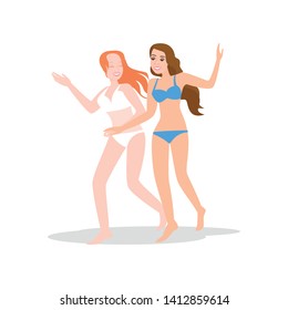 Two young student girlfriends in beach swimsuit