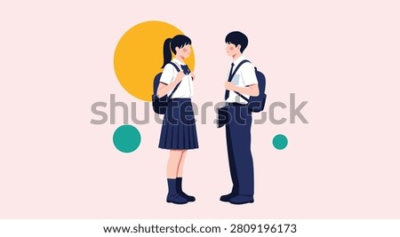 Two young students, a boy and a girl, stand facing each other, wearing school uniforms with backpacks, against a minimalist background.